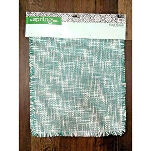 Modern Farmhouse Table Runner Teal Green White Tweed w/ Short Fringe 14"x72" NWT
